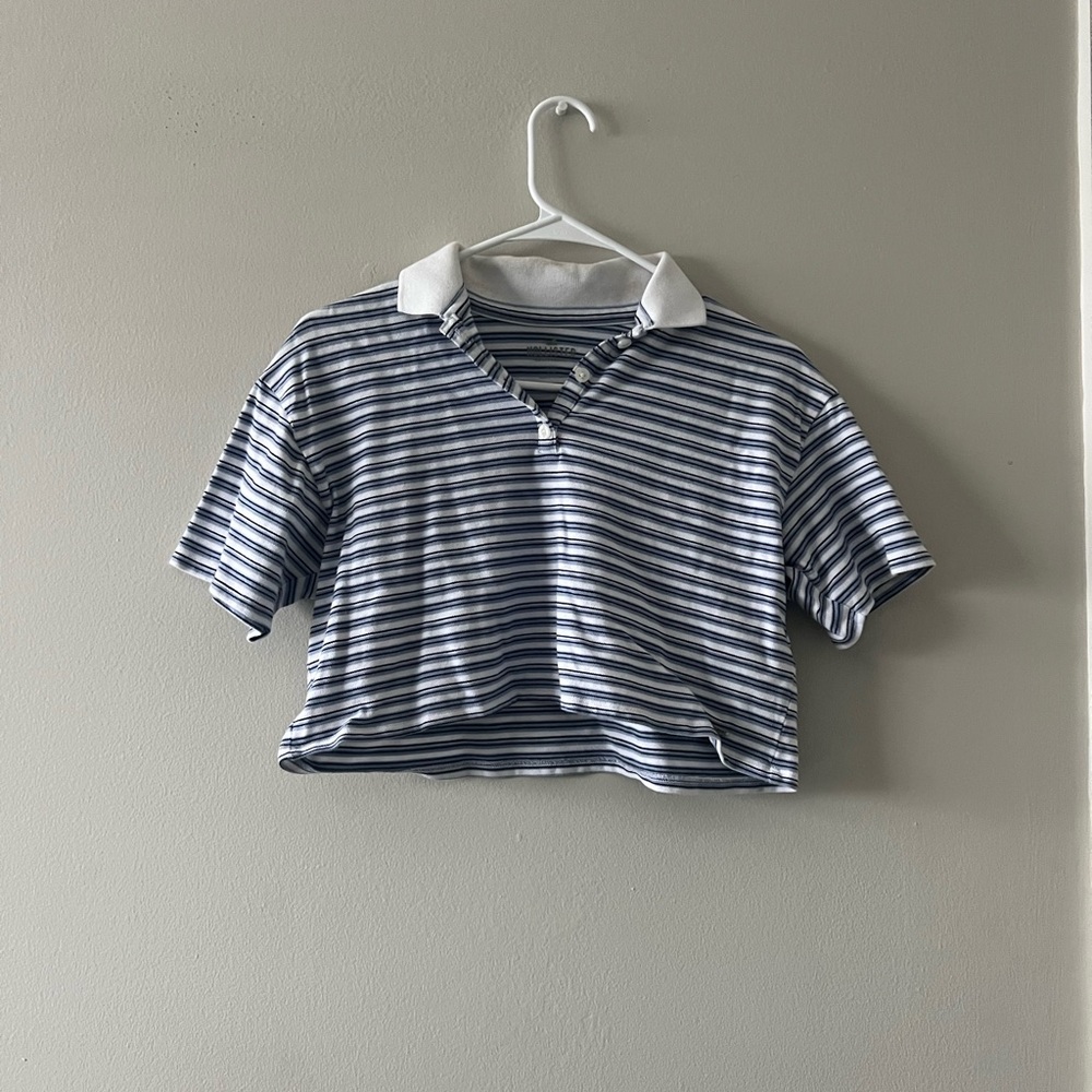 Hollister | Blue and White Striped Cropped Polo Shirt
